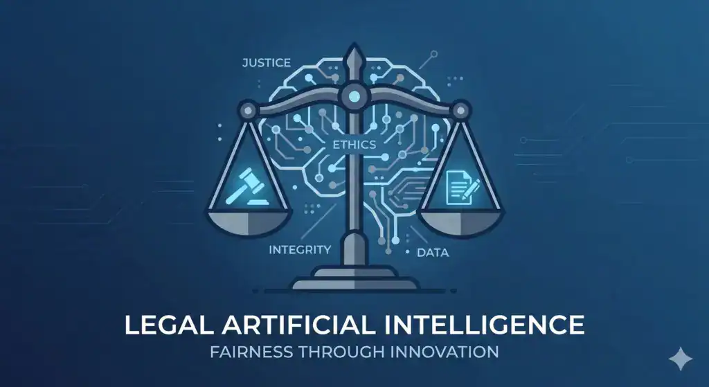 Simbol hukum dan sirkuit digital yang melambangkan disclaimer penggunaan teknologi AI untuk kesehatan.