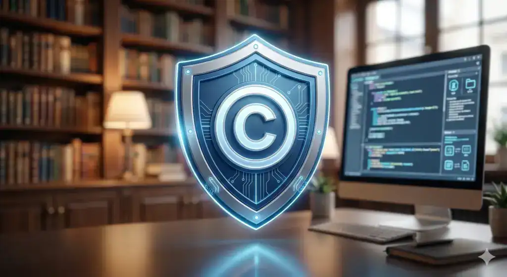 Simbol perlindungan hak cipta dan DMCA untuk konten blog akademik.